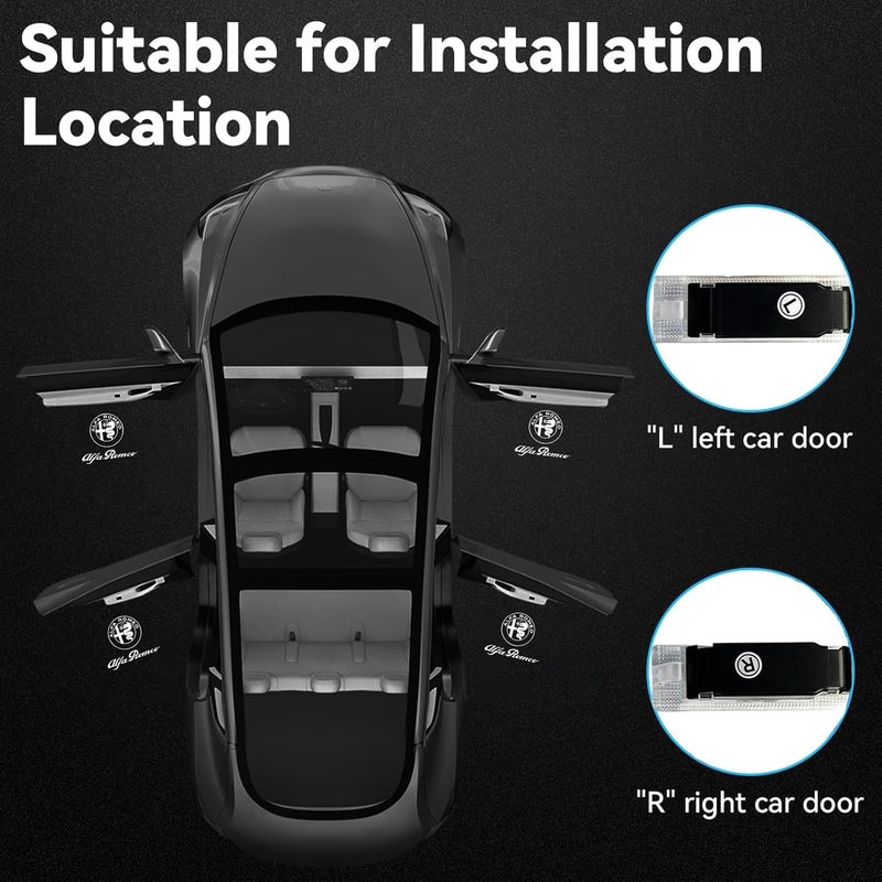JUNMEI Door Lights Logo Projector Puddle Lights Ultra-Bright Welcome Step Light,Never Fade Puddle Lights Compatible with Alfa Romeo Giulia 952 Stelvio 949 Tonale Giulietta Accessories (White Logo Letter) - Image 3